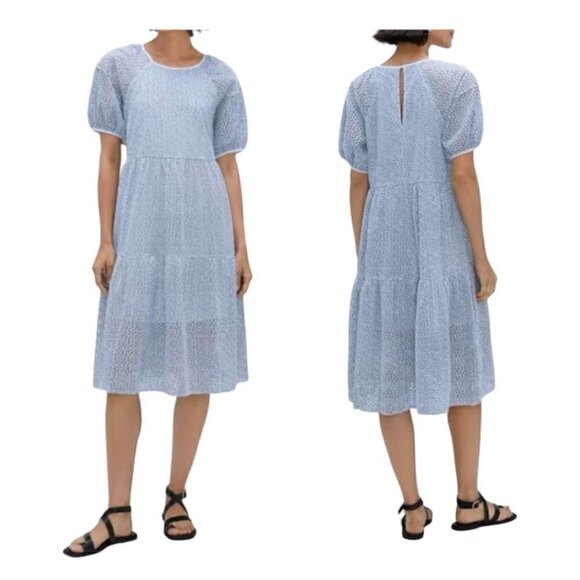 EVERLANE THE‎ TIERED EYELET MIDI DRESS BLUE / WHITE SIZE S, New with tag - Picture 1 of 16